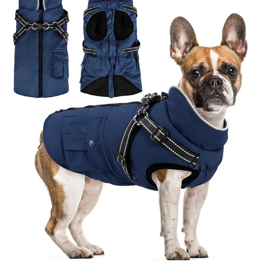 209894 - WOIIL Xhaketë Dimri për Qen të Vegjël, Xhaketë me Rrip, i Mbushur me Pambuk, i Ujitshëm, i Ngrohtë, Reflektues, Blu Marine, Madhësia S