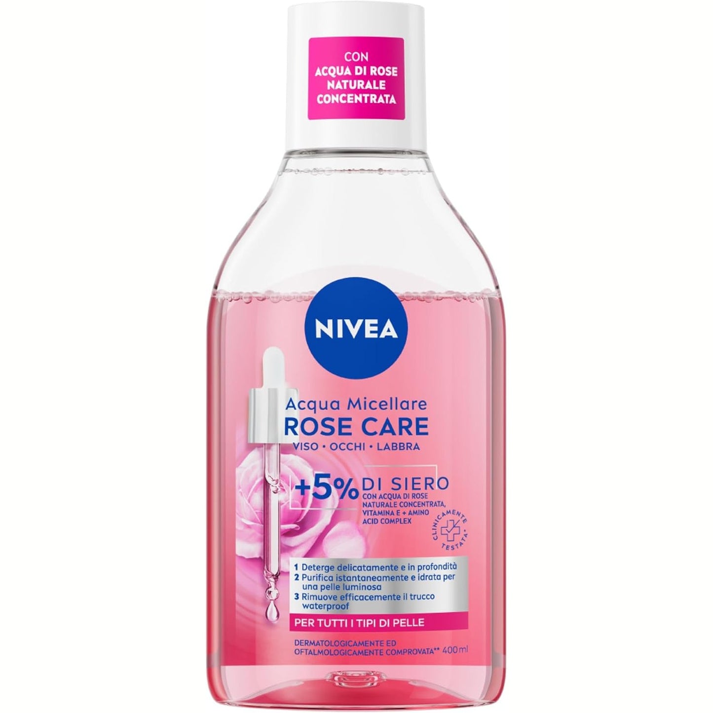322100 - NIVEA Rose Care Micelar Water, 400ml, Depilues dyfazor për fytyrën dhe sytë, Pastrues me 5% serum me ujë trëndafili dhe vitaminë E