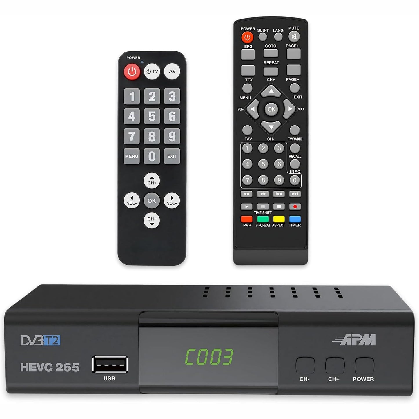 268641 - APM Dekoder Televizioni Tokësor Dixhital Full HD 1080p, Akordues Tokësor Dixhital H.265 HEVC, Telekomandë e Thjeshtuar, Demodulator DVB-T2/DVB-C me Porta HDMI, SCART, USB dhe Koaksiale, 428002