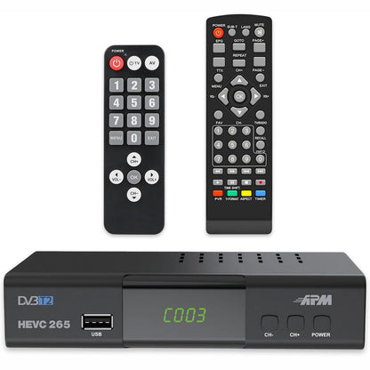 268641 - APM Dekoder Televizioni Tokësor Dixhital Full HD 1080p, Akordues Tokësor Dixhital H.265 HEVC, Telekomandë e Thjeshtuar, Demodulator DVB-T2/DVB-C me Porta HDMI, SCART, USB dhe Koaksiale, 428002
