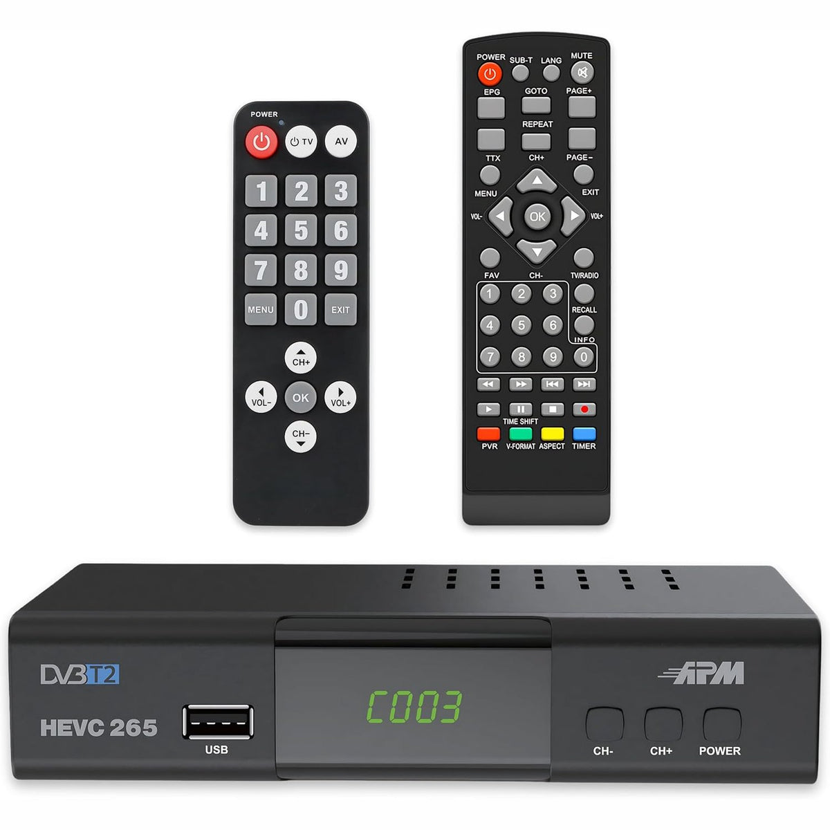 310078 - APM Dekoder Televizioni Tokësor Dixhital Full HD 1080p, H.265 HEVC, Telekomandë, DVB-T2/DVB-C, HDMI, SCART, USB, Koaksiale, 428002