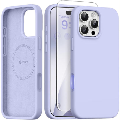 266655 - GONEZ Mbështjellëse magnetike për iPhone 16 Pro, e pajtueshme me MagSafe, Mbrojtëse ekrani dhe lente, Mbështjellëse silikoni 6.3 inç, ngjyrë vjollcë
