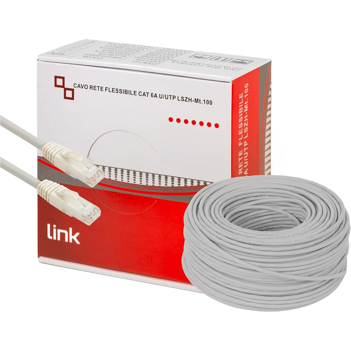 309513 - LINK Bobinë kablloje rrjeti LK6A100 (kategoria 6A, U/UTP, 100 metra, gri), përçues bakri AWG24, mbështjellës LSZH me tym të ulët, lidhës RJ45 në të dyja skajet