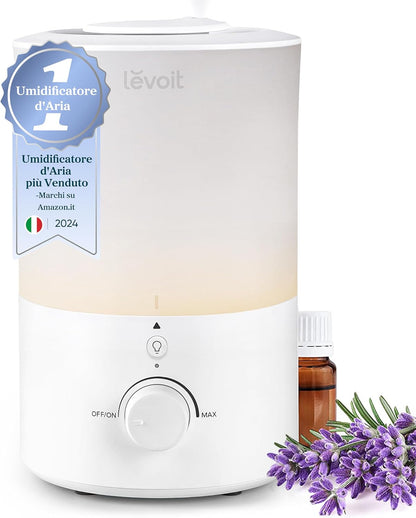 167450 - LEVOIT Lagështues Ajri, Mbushje nga Sipër, Kapacitet 3L, Kohëzgjatje Pune 25H, Niveli i Zhurmes 28dB, Funksioni i Aromaterapisë, Me Dritë, Fikje Automatike, Lëvizje 360 Gradë, Pastrim i Lehtë në Lavastovilje, Përshtatet për Çdo Lloj Dhoma
