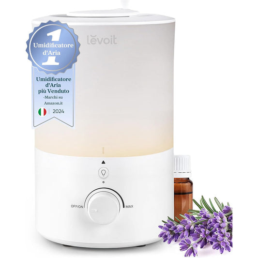 135438 - LEVOIT Lagështues Ajri, Mbushje nga Sipër, Kapacitet 3L, Pune deri në 25H, Zë i Ulët 28dB, me Funksion Drite dhe Aromaterapi, Fikje Automatike, Grykë Rrotulluese 360°, Mund të Pastritet në Lavastovilje, Përshtatshme për Çdo Dhomë