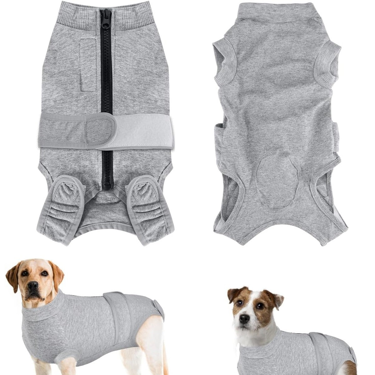 209366 - EYEIN Kostum Trupi për Qen Pas Operacionit, Kostum Mbrojtës Plagësh, për Meshkuj dhe Femra, me Zinxhir dhe Rrip Velcro, Anti-Lëpirje, Mbrojtje nga Plagët, Material i Frymëmarrshëm, Njëpjesësh (Gri, 4XL)