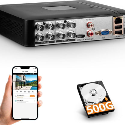 272755 - DVR Mbikëqyrjeje Regjistrues Video Sigurie H.265+ 8 Kanalesh me HDD 500G, 6-në-1 për Kamera CVBS/AHD/TVI/XVI/CVI/IP, APLIKACION Mobile dhe Telekomandë për PC