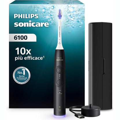 292156 - PHILIPS Furçë dhëmbësh elektrike Sonicare 6100, furçë dhëmbësh sonike me 2 mënyra pastrimi dhe 3 nivele intensiteti, kontroll presioni, EasyStart, SmartTimer, e zezë, modeli HX7401/07