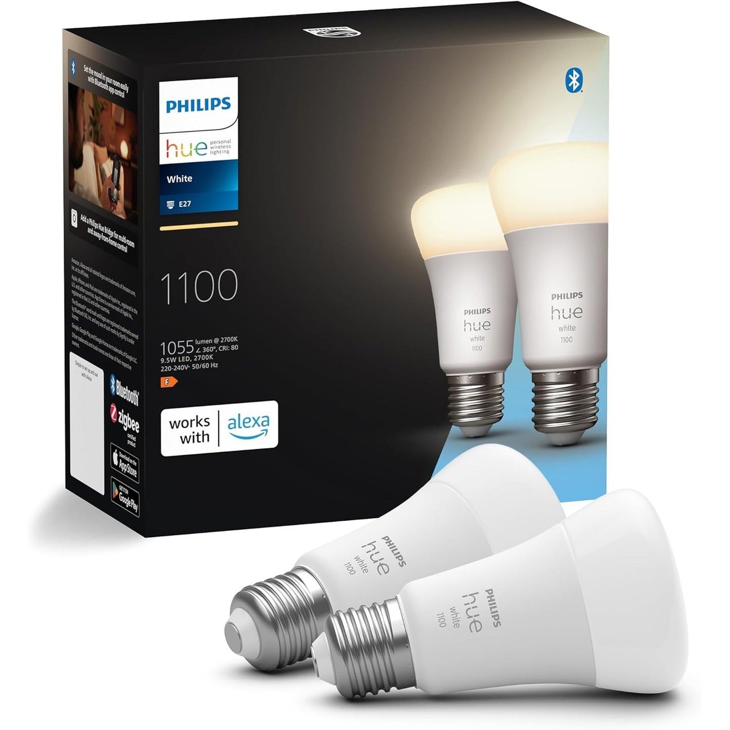 218454 - PHILIPS HUE Pllaka Dyshe e Bardhë E27, 2x1055lm, Dritë e Bardhë e Ngrohtë, Kontrollueshme me Aplikacion, Pajtueshme me Amazon Alexa