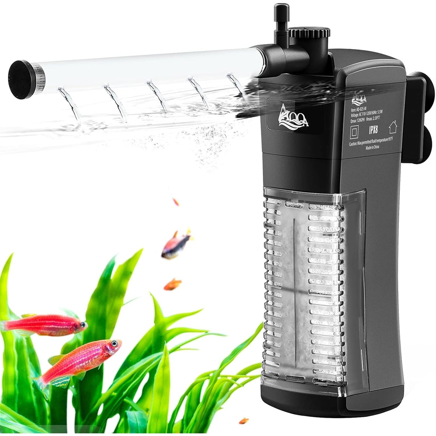 262536 - AQQA - Filtër Akuariumi i Brendshëm - Rregullueshëm - Filtër Sfungjeri 8.5W me Pompë Uji 300L/H - Përshtatshëm për Akuarium deri në 120L