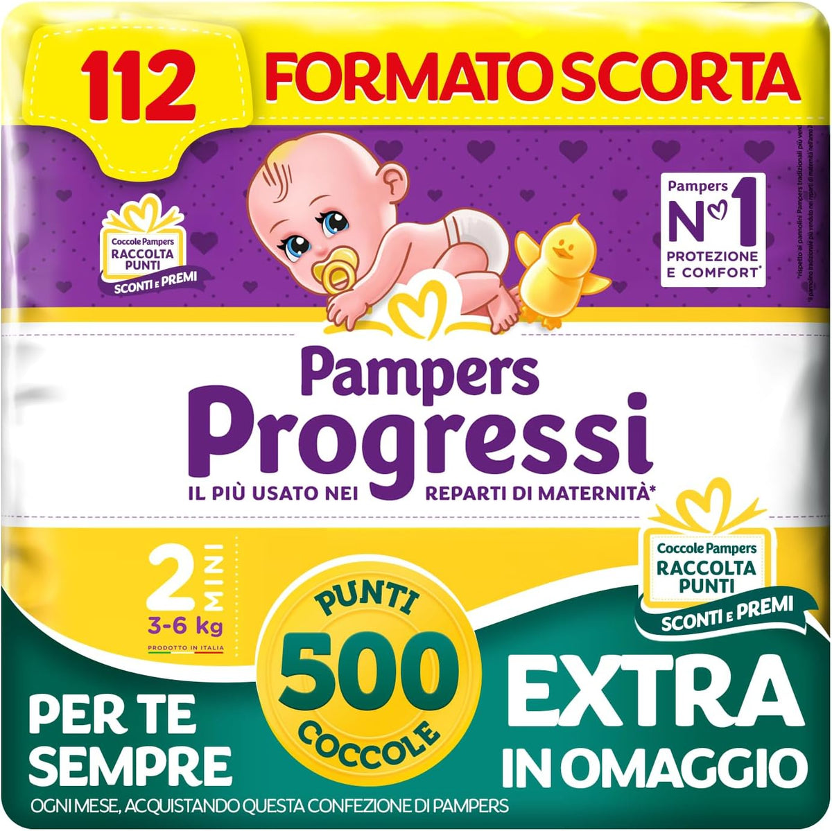 297985 - PAMPERS Progressi Mini +500 Pika Përqafimi Falas Ekstra, Madhësia 2 (3-6 kg), 112 Pelena (madhësia rezervë)