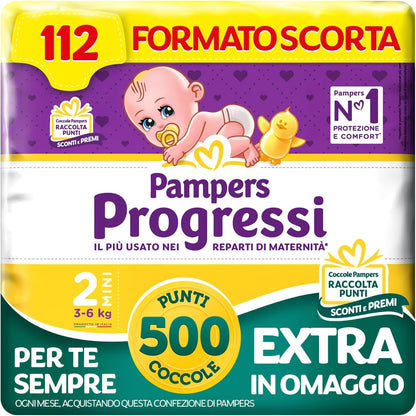 297985 - PAMPERS Progressi Mini +500 Pika Përqafimi Falas Ekstra, Madhësia 2 (3-6 kg), 112 Pelena (madhësia rezervë)
