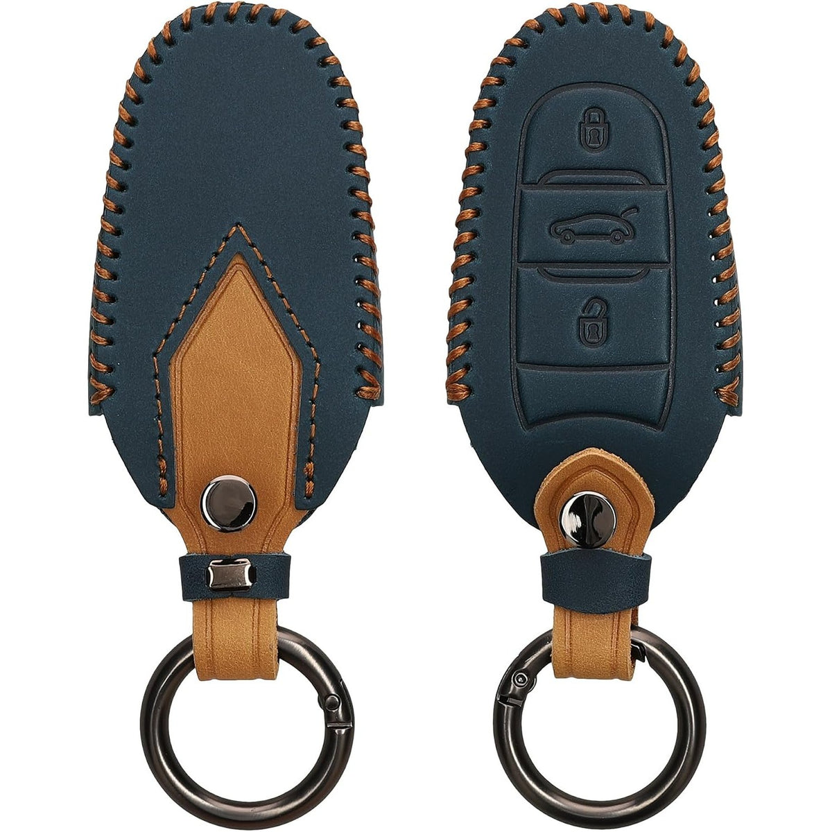 313874 - AKSESORI I ÇELËSIT TË MAKINËS KWMOBILE I KOMPATIBIL ME PEUGEOT CITROEN SMARTKEY (VETËM KEYLESS GO) ME 3 BUTONA - MBAJTËSE ÇELËSI MAKINE PREJ LËKURE FAUX - BLU MARINE - KAFE E ÇELTË