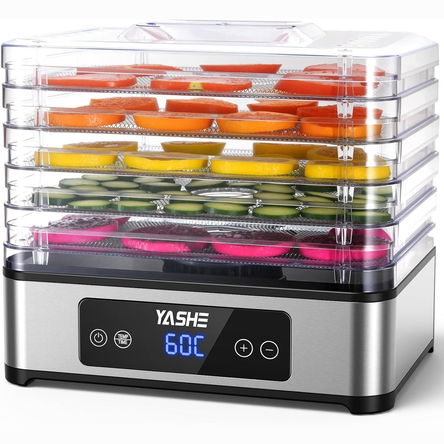 277416 - YASHE Dehidratues Ushqimi, 5 Tabaka çeliku inox, Kohëmatës dhe Temperaturë e Rregullueshme, Rrjedhje Ajri 360°, 400W, Pa BPA