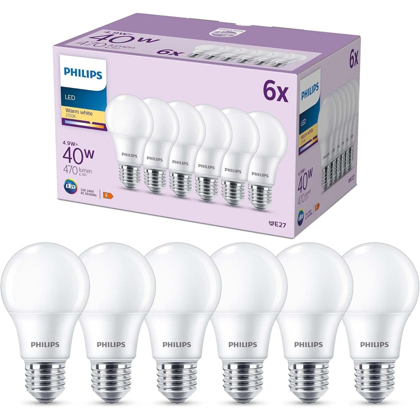 198350 - PHILIPS Lighting 929003540256, Pako prej 6 Llambave LED E27, 40W, të Bardha të Ngrohta