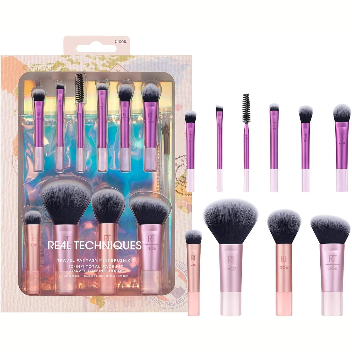 297160 - REAL TECHNIQUES Kit Mini Furçash Travel Fantasy, Set me 11 Pjesë, Furça Grimi për Hije Sysh, Iluminues