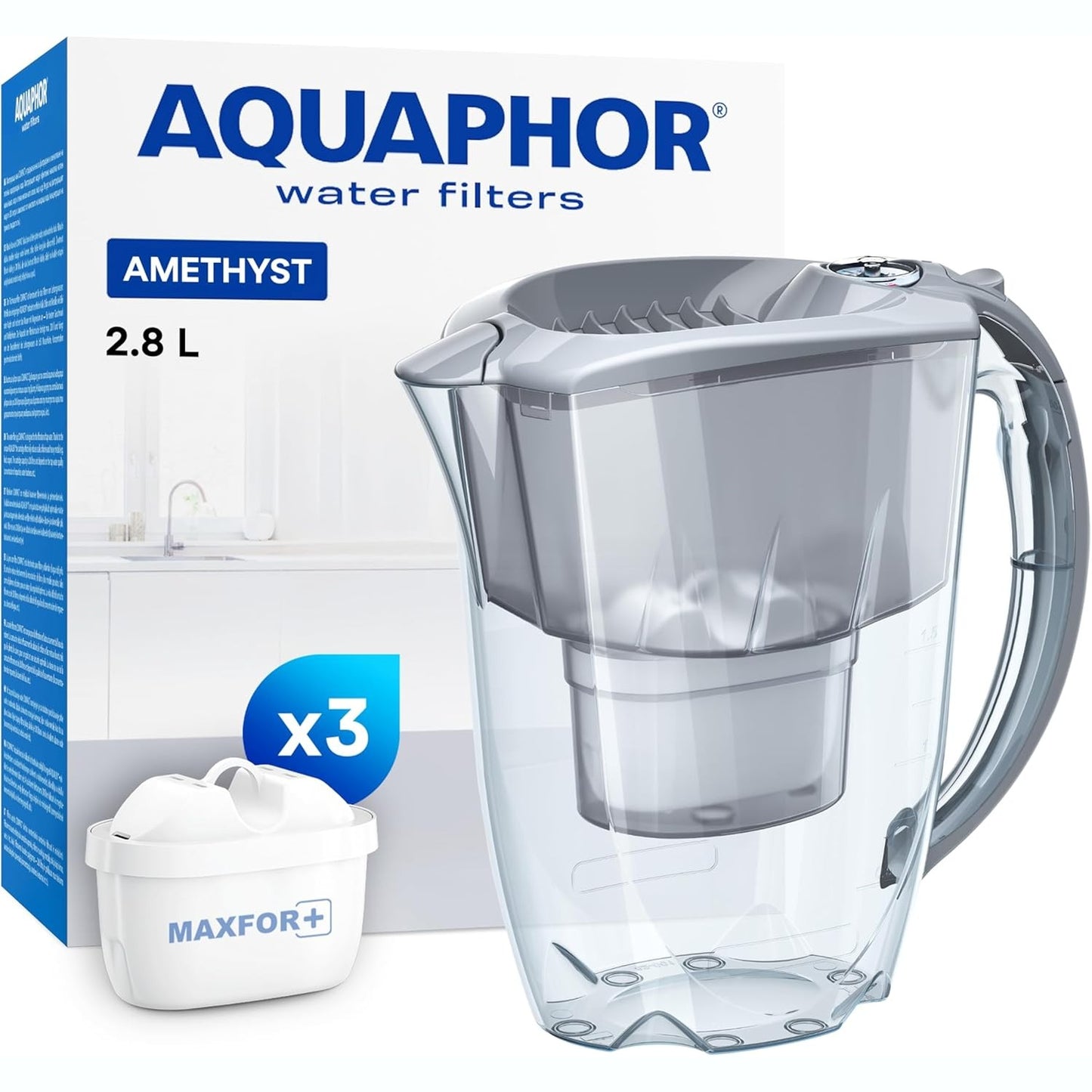222780 - AQUAPHOR Amethyst – Enë filtri uji me kapak rrëshqitës, 2.8 l, përfshirë 3 fishekë filtri Maxfor+, Gri