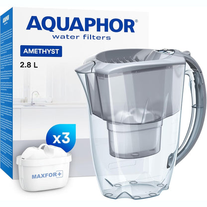 222780 - AQUAPHOR Amethyst – Enë filtri uji me kapak rrëshqitës, 2.8 l, përfshirë 3 fishekë filtri Maxfor+, Gri