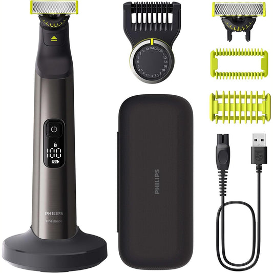 292274 - PHILIPS OneBlade Pro 360 (QP6652/30) - Makinë Elektrike Rroje për Fytyrën dhe Trupin, 2 Tehe 360, Krehër Preciz, 2 Shtojca Trupi, Çantë Udhëtimi, Stacion Karikimi