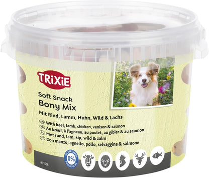 247918 - TRIXIE Soft Snack Bony Mix XXL – Përzierje për ëmbëlsira me viç, qengj, pulë, mish dreri, salmon – Meze të vogla të buta – 1800 g – 31526