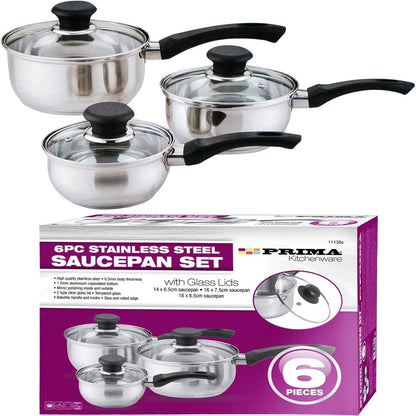 196533 - PRIMA KITCHEN Kook Home Chef - Set I Tenxhereve prej Çeliku Inox me 6 copë, me Kapakë Qelqi dhe dorëza të Forta, Tigan - Argjendi