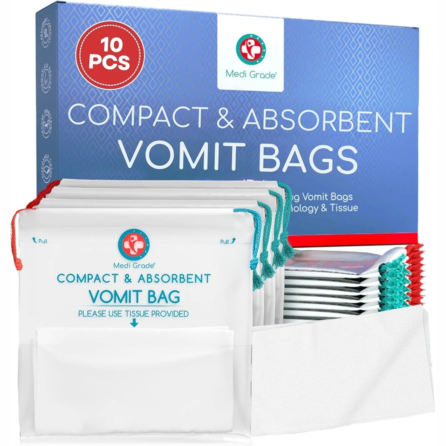 275911 - Qese për të vjella pa erë me jastëkë super absorbues, pako me 10 copë, kapacitet 750ml, për fëmijë dhe të rritur