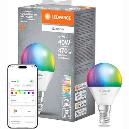 257176 - LEDVANCE SMART+ MATTER Llampa LED, e pajtueshme me Google, Alexa, Apple, ngjyrë e bardhë të ngrirë, 4.9W, 470lm, E14, dritë me ngjyra dhe e bardhë, kontroll me aplikacion ose me zë, jetëgjatësi deri në 20,000 orë, pako e vetme