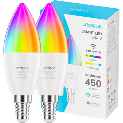 257713 - UPXNBOR Llambë inteligjente E14, 4.5W, llambë LED WiFi RGBWW me errësim, 16 milion ngjyra, 450LM, aksesor Alexa, i pajtueshëm me Alexa dhe Google Assistant, 2.4GHz, pako me 2
