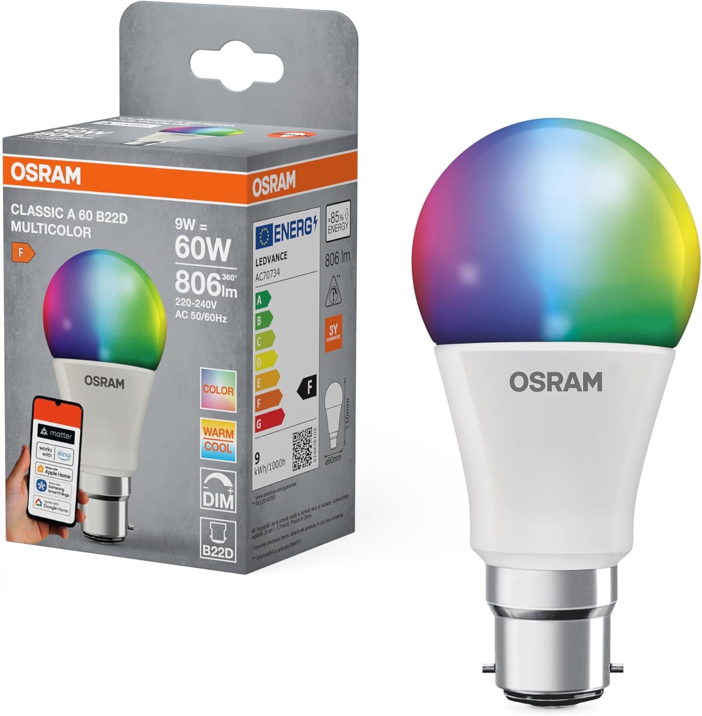 262630 - OSRAM SMART+ RGBW llambë LED B22d me Matter over Wifi, ekuivalente me 60W, 2700-6500K, 16 milionë ngjyra RGB, 1 pako