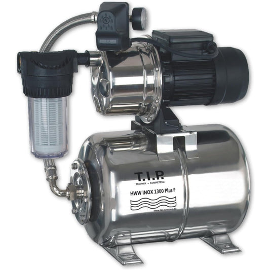177009 - TIP HWW INOX 1300 Plus F - Sistem i Furnizimit me Ujë Shtëpiak, 1200W, Rezervuar Presioni prej Çeliku Inox, Pompë Vetëmbushëse me Ujë 4350 l/h, Kokë Shpërndarjeje 50m, Parafiltër, Mbrojtje nga Mbingarkesa Termike, Pa Mirëmbajtje