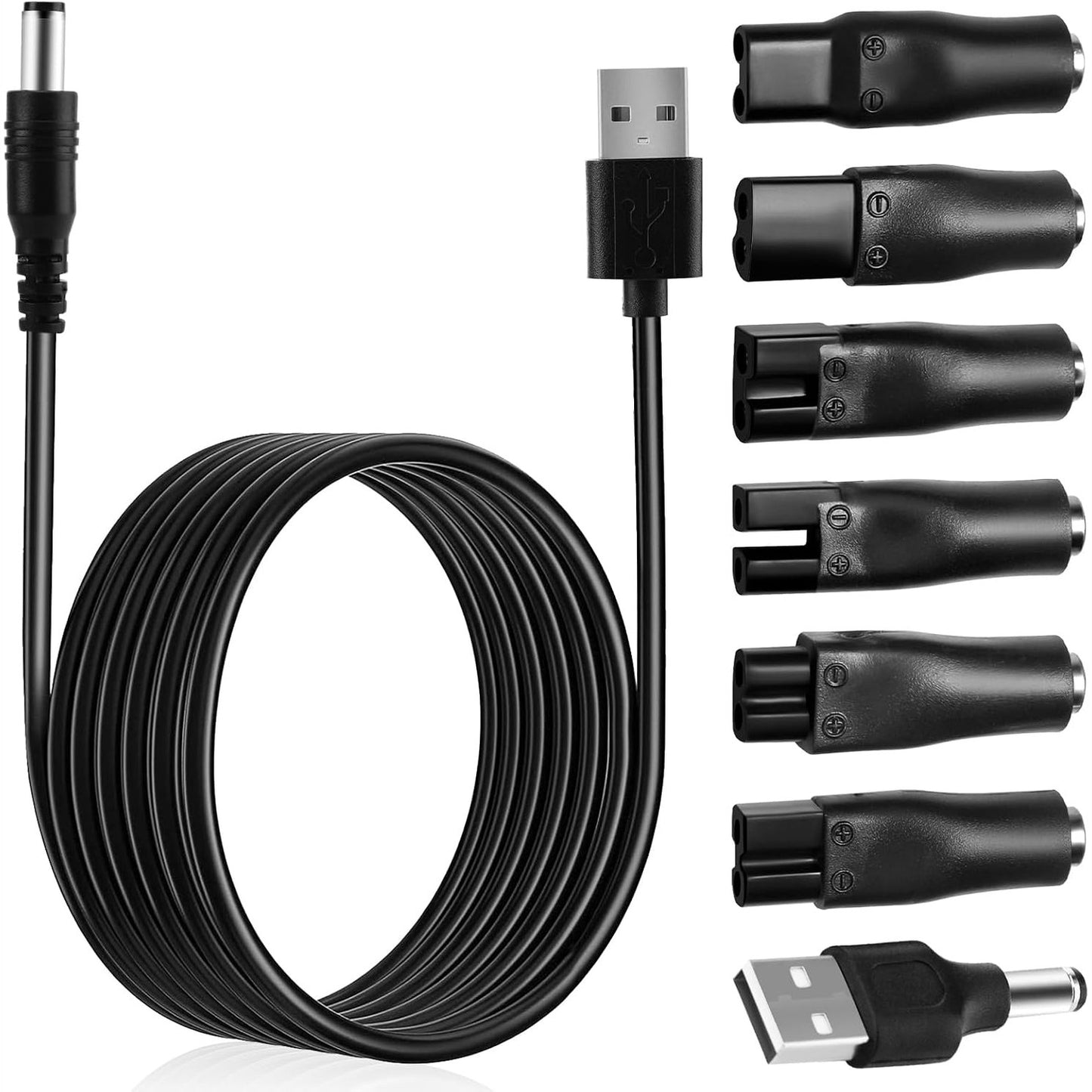 294506 - GLASFENGTH Kabllo karikimi USB 5V për makinë rroje, pako me 7 copë, me 6 adaptorë prizash