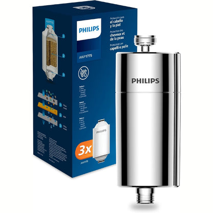 245236 - Philips Filtri i Dushit Inline për Ujë + 3 Fishekë Filtri Zëvendësues, Kapacitet filtri 50,000 L, Krom