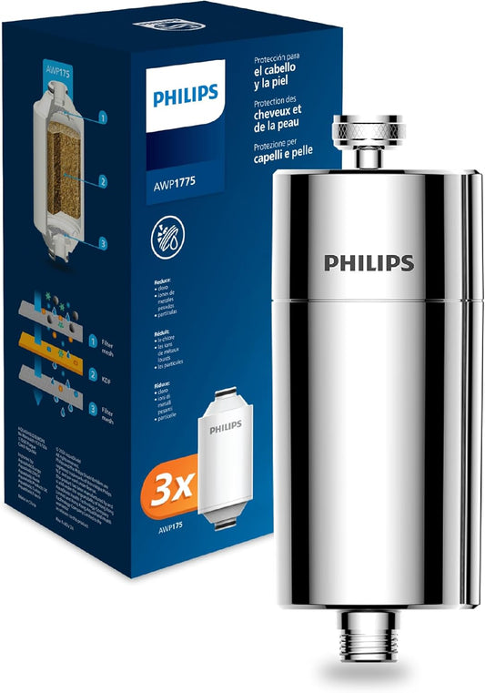 255186 - Philips Filtri i Dushit Inline për Ujë + 3 Fishekë Filtri Zëvendësues, zvogëlojnë klorin deri në 99%, kapacitet filtri 50,000 L
