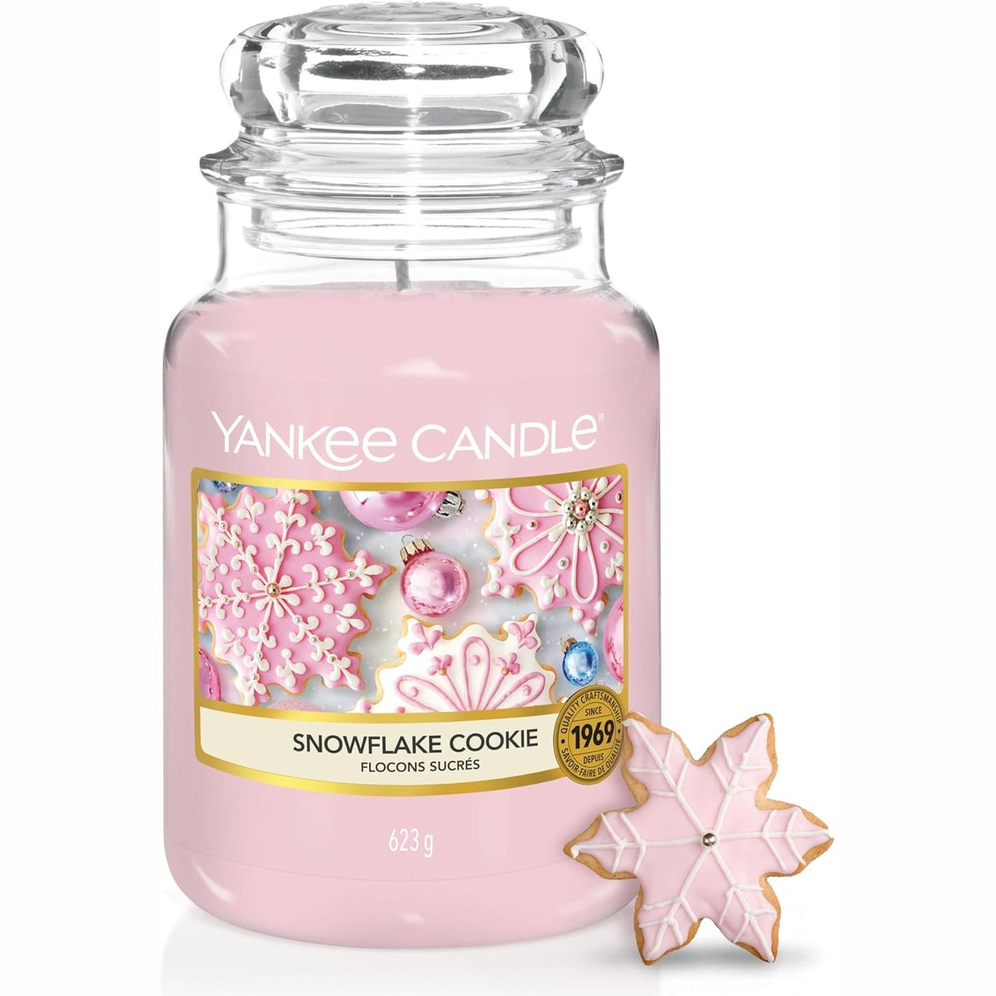 214209 - YANKEE CANDLE Qiri aromatik në një kavanoz qelqi (i madh) | Biskota Snowflake | Koha e djegies deri në 150 orë