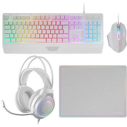 189214 - MARS GAMING MCP124PRO, Kombinim Lojërash 4-në-1 me Tastierë H-Mech RGB, Maus RGB 3200 DPI me Çelësa HUANO, Kufje FRGB dhe Mauspad Nanotekstili 36x26cm, i Mundur me Multiplatformë, Gjuha Frëngjisht, Ngjyra e Bardhë