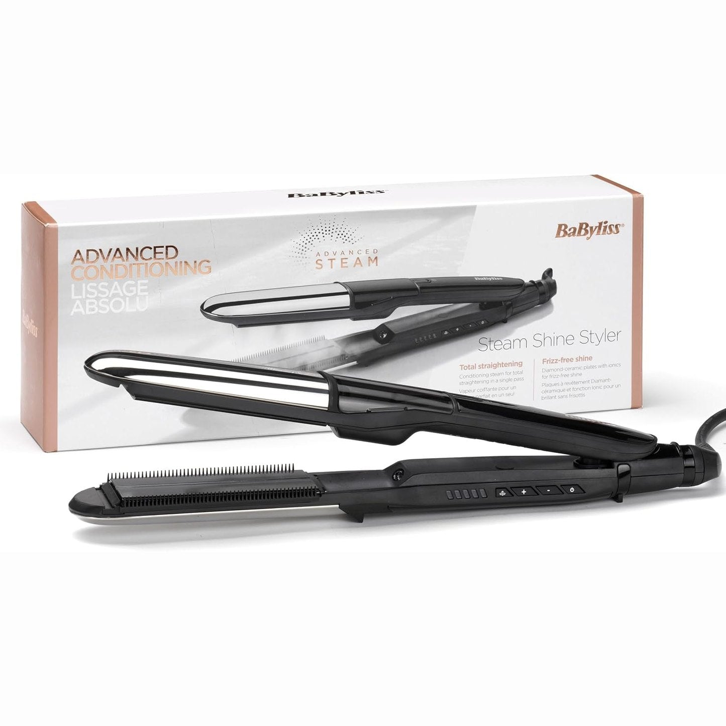 320889 - BABYLISS Steam Shine – Drejtues me Avull me Pllaka Qeramike Turmalinë XL për Drejtim të Shpejtë dhe Pa Mundim, Funksion Jonik Kundër Kaçurrelave për Flokë të Shkëlqyer dhe të Lëmuar, ST496E