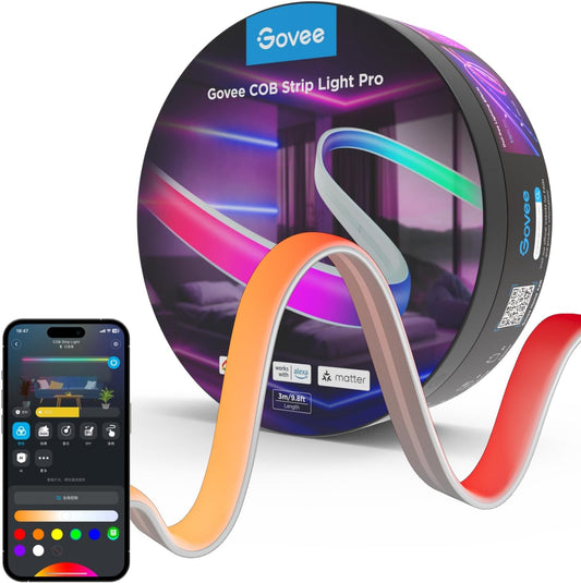 226002 - GOVEE Dritë me shirit COB Pro 5m, Shirit LED inteligjent RGBIC me të bardhë të ngrohtë, 6300 LED, 2250lm, i pajtueshëm me Alexa, Google Assistant dhe Matter, Drita me tela të prera me sinkronizim muzikor për dhomën e gjumit