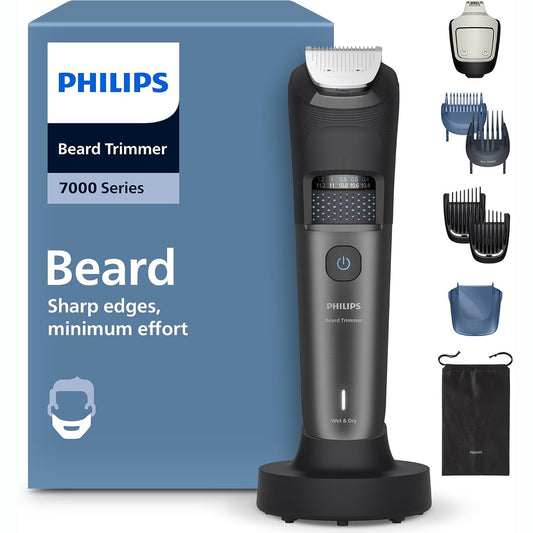 311069 - PHILIPS Prerëse mjekre Seria 7000 - Tehe metalike vetëmprehëse, 40 cilësime gjatësie, teknologji BeardSense, kapëse flokësh, rezistente ndaj ujit, mbështetëse karikimi, kuti e butë, BT7660/15