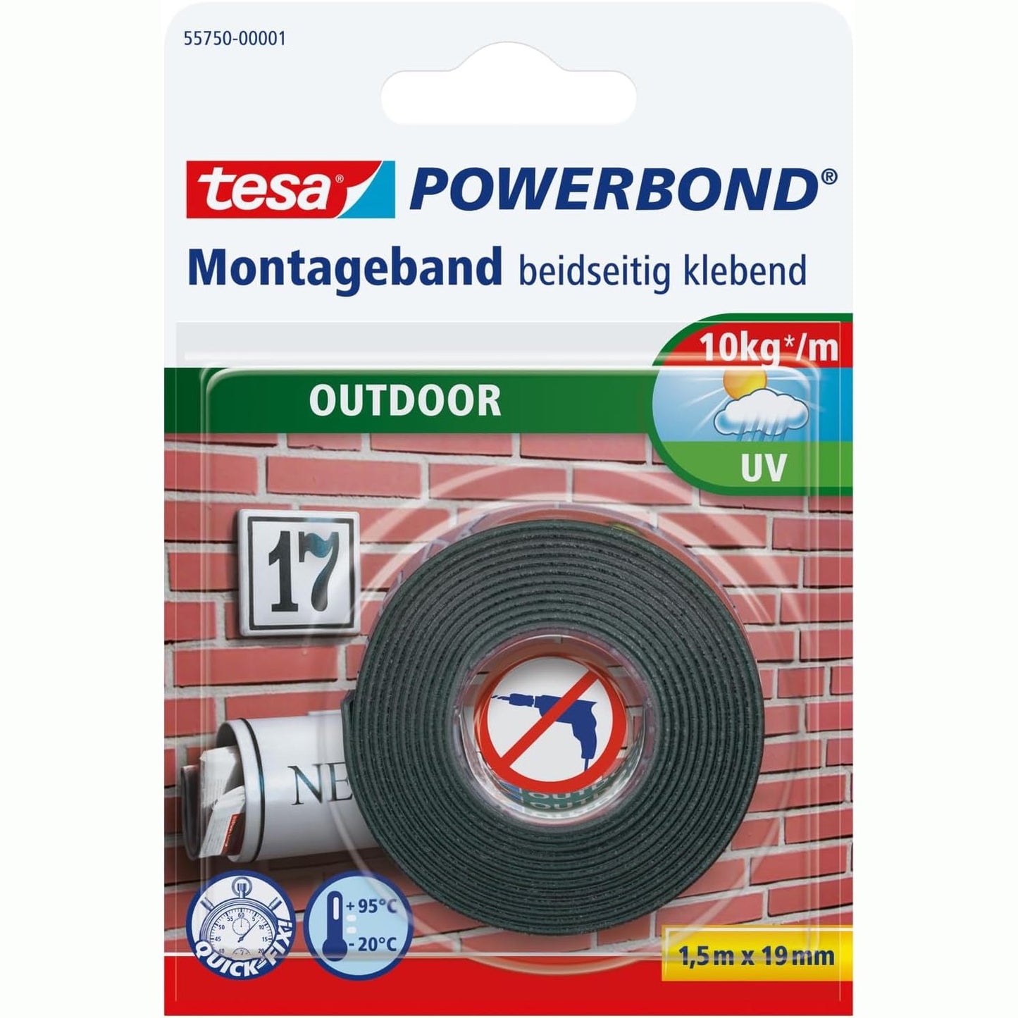 289290 - TESA Powerbond Outdoor Shirit Ngjitës me Dy Anë, 1.5 m x 19 mm, I Papërshkueshëm nga Uji, Rezistent ndaj Rrezeve UV