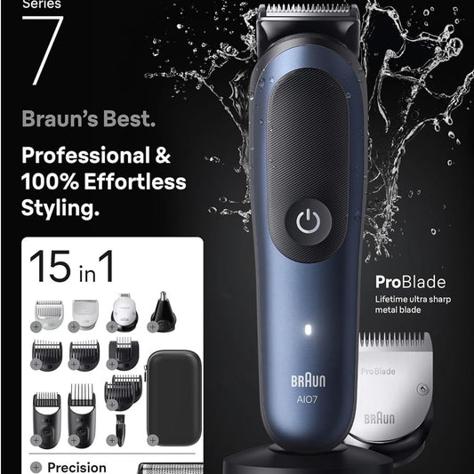 307150 - BRAUN Kit Kujdesi All-in-One Series 7, 15 në 1, ProBlade & AutoSense, Kohëzgjatje 120 minuta, SkinGuard, AquaGrip për Përdorim Nën Ujë, AIO7580, Blu