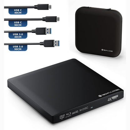 272686 - TECHPULSE120 USB i jashtëm 3.1 USB-C UHD 4k 3D M-DISC Blu-ray DVD CD BDXL HDR10 128GB, Disqe djegëse Superdrive BD, Paketa përfshin çantën, kabllon 90cm, alumini, e zezë