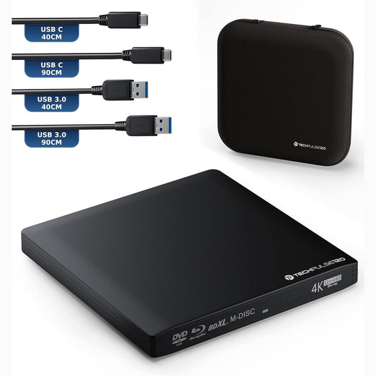 272686 - TECHPULSE120 USB i jashtëm 3.1 USB-C UHD 4k 3D M-DISC Blu-ray DVD CD BDXL HDR10 128GB, Disqe djegëse Superdrive BD, Paketa përfshin çantën, kabllon 90cm, alumini, e zezë