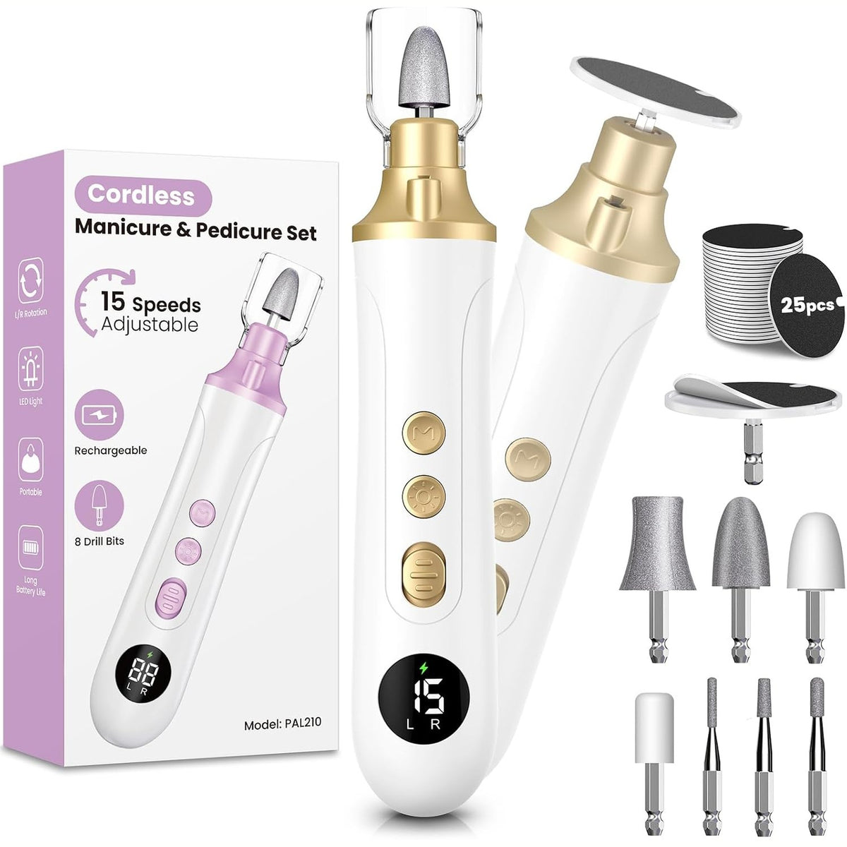 307641 - Set manikyr/pedikyr, Set pedikyr elektrik me 9 aksesorë, limë elektrike për thonj me 15 cilësime shpejtësie dhe dritë LED