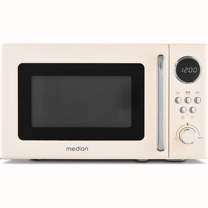 288270 - MEDION Furrë me mikrovalë Retro, 20 litra, 800 vat, 5 nivele mikrovale, 8 programe automatike, ekran dixhital, funksion shkrirjeje, kompakte, MD15000, ngjyrë bezhë