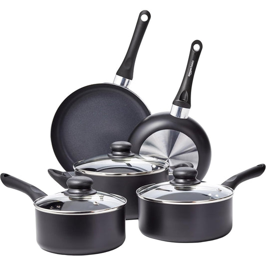160764 - AMAZON BASICS Set Enësh Gatimi 8 Pjesë, me Shtresa Anti-Ngjitëse, Ngjyrë e Zezë