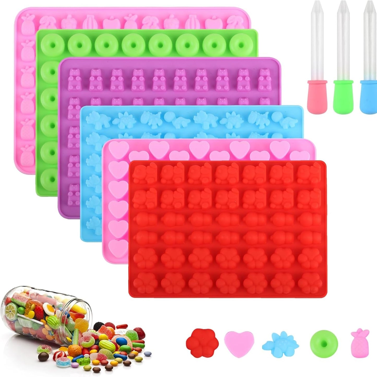 258143 - SET ME 6 KALLËPE SILIKONI për Ariushë me Çamçakëz, Jo-Ngjitës, për Karamelesh dhe Çokollatash DIY, Përfshin 3 Pikatorë