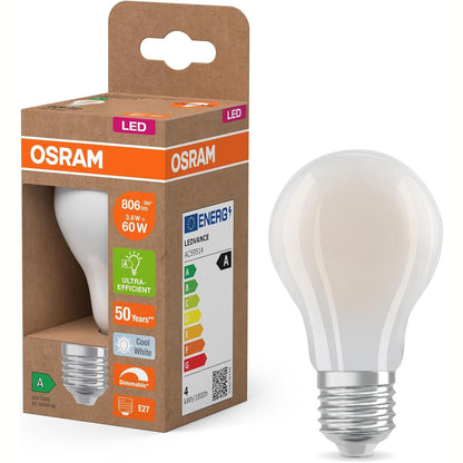 216414 - OSRAM Klasa e Energjisë llambë, 3.8 W / 806 lm, EEK A, dritë e bardhë e ftohtë (4000 K), CRI 80, xham i acaruar pa plumb, bazë E27, IP20, diametër 60 mm, e errësueshme