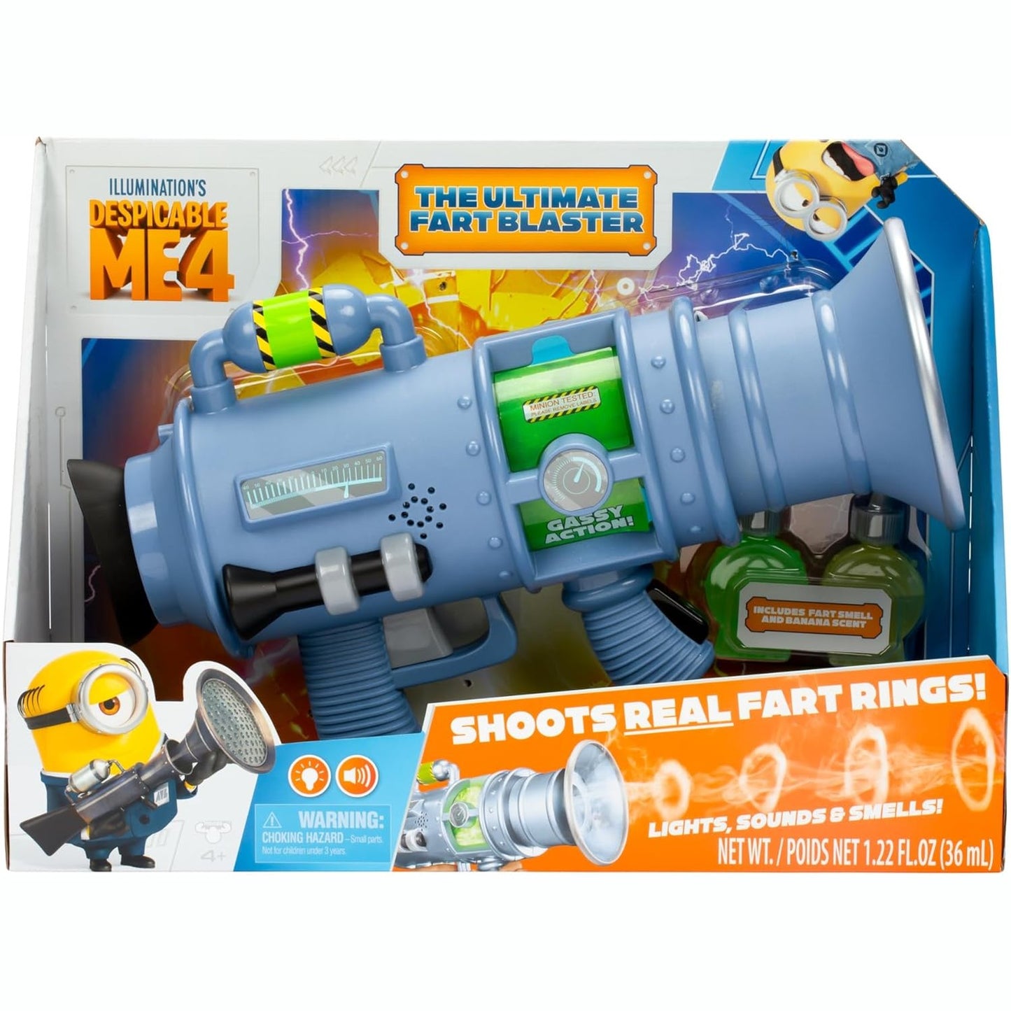 141581 - Lodër Minions Despicable Me 4 Ultimate Fart Blaster - Qëllon unaza të vërteta mjegulle | 15 efekte zanore qesharake | Ndiz dritën dhe aroma bananeje | Përfshin 2 formula aromash | Dhuratë e shkëlqyer për shaka për fëmijë 4+ vjeç
