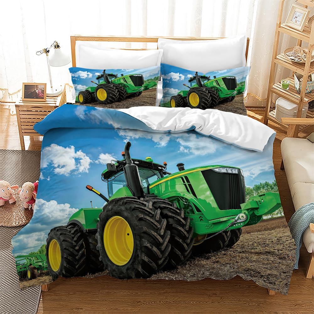 261300 - LELEYOUZER Set çarçafësh për fëmijë Tractor 135x200 cm + 2 mbulesa jastëkësh 50x75 cm, mikrofibre me zinxhir
