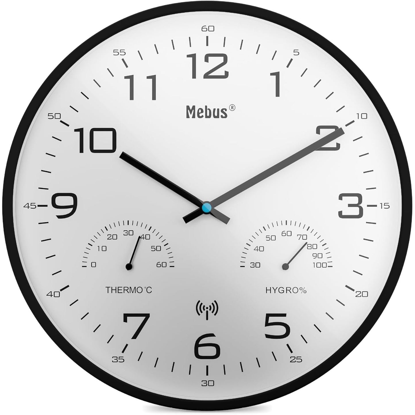 213904 - MEBUS Orë muri moderne me radio, 30 cm, me ekran të temperaturës dhe lagështisë